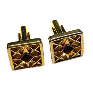 Speidel USA Cufflinks goldtone lattice & red rhinestones classic mens jewelry